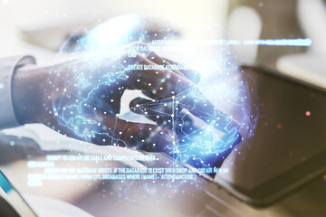 Multi exposure of abstract creative coding sketch with world map and finger presses on a digital...