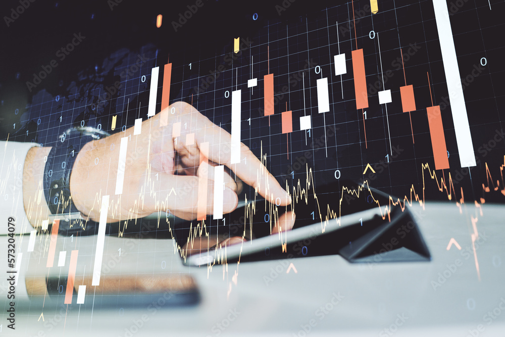 Poster multi exposure of abstract creative financial graph with world map and finger presses on a digital t