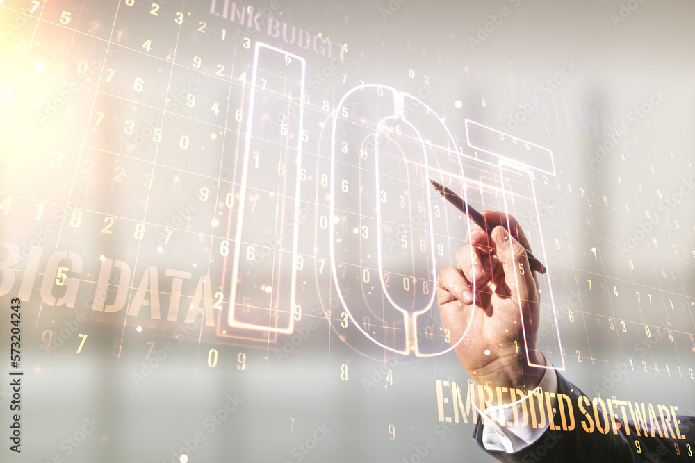 Poster man hand with pen working with abstract virtual iot hologram on blurred office background, internet 
