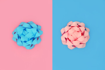 Opposites attract design concept. Baby pink and baby blue rosette bow ribbons on contrast background. Minimal creative composition, flat lay.