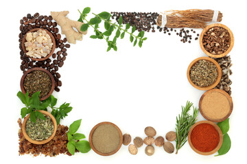 Nervine herb and health food background frame. Ingredients used as a nerve tonic to support the...