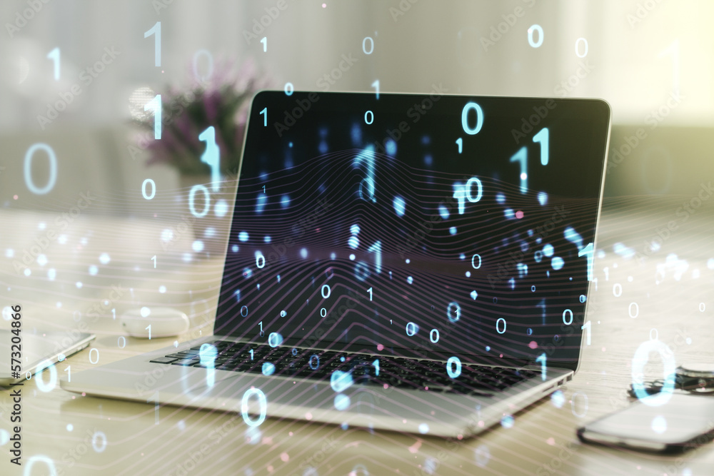 Poster creative abstract binary code hologram on modern computer background, ai and machine learning concep