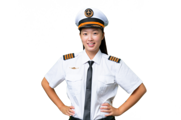 Airplane pilot Asian woman over isolated background posing with arms at hip and smiling