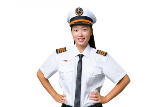 Airplane pilot Asian woman over isolated background posing with arms at hip and smiling
