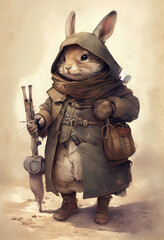 Tiny cute easter rabbit adventurer, Generative AI illustration