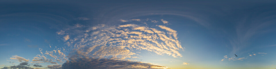 Dark blue twilight sky panorama with Cirrus clouds. Seamless hdr 360 panorama in spherical equiangular format. Full zenith or sky dome for 3D visualization, sky replacement for aerial drone panoramas