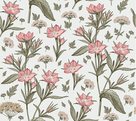 Seamless pattern. Bluebells, Hemlock tree wildflowers. Beautiful blooming realistic isolated flowers Vintage background fabric Wallpaper baroque. Drawing engraving sketch Vector victorian illustration