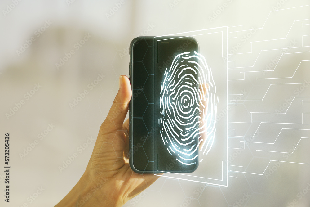 Poster multi exposure of abstract fingerprint scan interface and hand with cellphone on background, digital