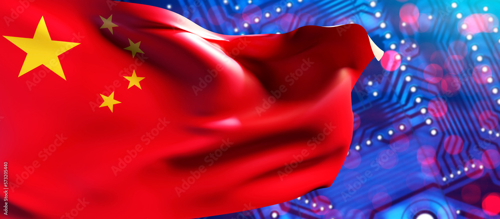 Poster microindustry in china. pcb with chinese flag. panoramic background with electronic board. pcb made 