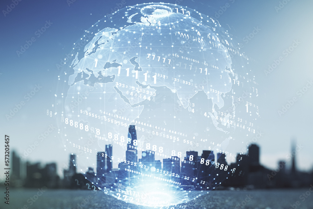 Poster multi exposure of abstract graphic coding sketch and world map on san francisco cityscape background