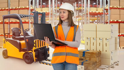 Warehouse manager woman. Laptop in hands of storekeeper girl. Warehouse revision. Supervisor conducts audit in storage company. Boxes and racks behind girl. Woman in warehouse uniform near forklift
