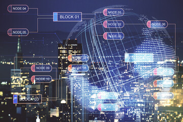 Multi exposure of abstract creative coding sketch and world map on San Francisco city skyline background, artificial intelligence and neural networks concept