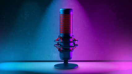 Professional condenser microphone. Using micro to record podcast. Condenser microphone in neon spotlight. Modern sound recording device. Microphone for radio announcer. Desktop micro. - obrazy, fototapety, plakaty