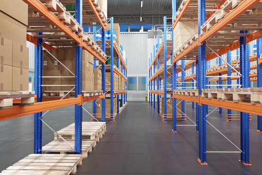 Logistic warehouse. Racks for storage goods on pallets. Logistic warehouse inside hangar. Interior of logistics center building. Furniture for storage company visualization. 3d rendering.