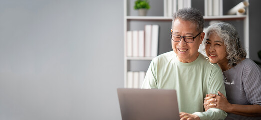 Cute old couple sitting on the sofa using laptop together shopping and surfing the internet in their living room, spending their quality time together.