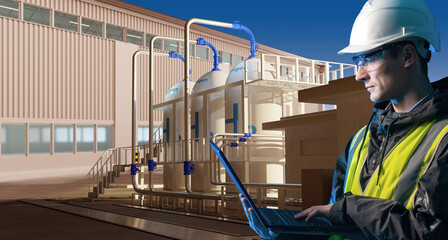 Hydrogen energy production. Man with laptop. Factory worker near tanks H2. Man engineer controls...