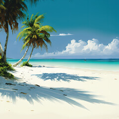 Obraz na płótnie Canvas Tropical Coast with White Sand, Beautiful Paradise Beach, Palm Trees, Sun, Sea, Generative AI Illustration