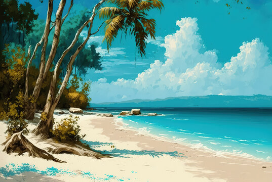 Tropical Coast with White Sand, Beautiful Paradise Beach, Palm Trees, Sun, Sea, Generative AI Illustration
