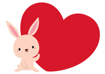 手を振るお座りうさぎとハートのタイトルイラスト/レッド