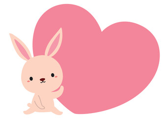 手を振るお座りうさぎとハートのタイトルイラスト/ピンク