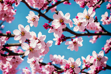 Beautiful spring pink cherry tree blossoms with sunny blue sky. Generative AI