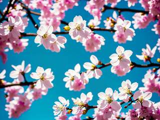 Beautiful spring pink tree blossoms with sunny blue sky. Generative AI