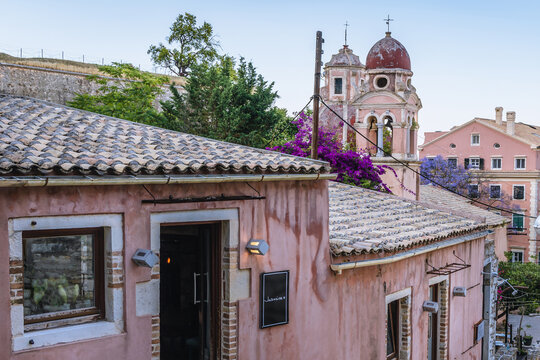 Corfu, Greece - June 14, 2021: Buildings and Church of Santa Maria del Carmine, Tenedos area of Corfu city