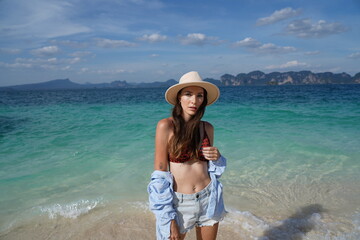 woman on the beach in krabi thailand, poda island, model shooting