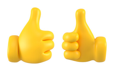 Yellow emoji hand showing thumb up or like gesture isolated. Set of different gestures icons, symbols, signals and signs of rating. 3d rendering. - obrazy, fototapety, plakaty