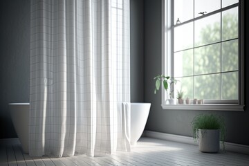Contemporary checkered gauze shower curtain in the bathroom, ai generative.