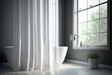 Fototapeta premium Contemporary checkered gauze shower curtain in the bathroom, ai generative.