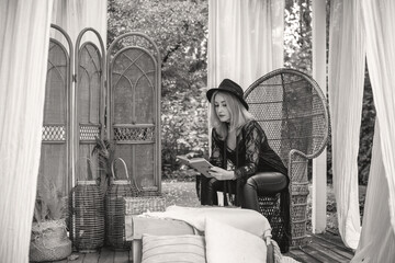 Modern Boho lifestyle, illustration for fashion rustic details. Lady portrait 