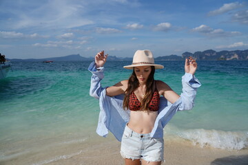 woman on the beach in krabi thailand, poda island, model shooting