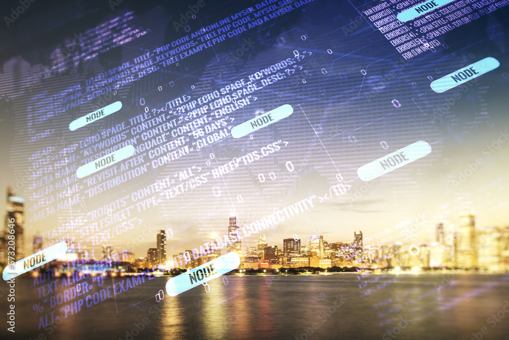 Poster multi exposure of abstract programming language hologram and world map on chicago office buildings b