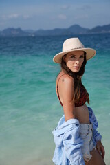 woman on the beach in krabi thailand, poda island, model shooting