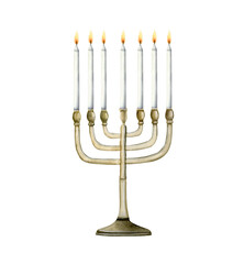 Watercolor ancient menorah with seven burning candles, ritual Jewish candlestick for Passover holiday on white