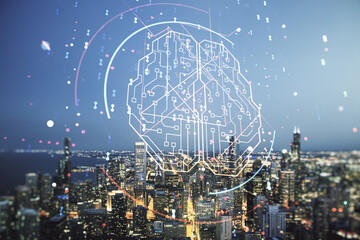 Double exposure of creative artificial Intelligence interface on Chicago city skyscrapers...
