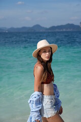 woman on the beach in krabi thailand, poda island, model shooting