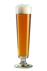 Glass of beer on white background. The foam of the drink pours over the glass.