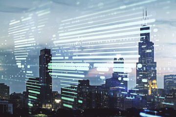Multi exposure of abstract graphic world map hologram on Chicago office buildings background, connection and communication concept