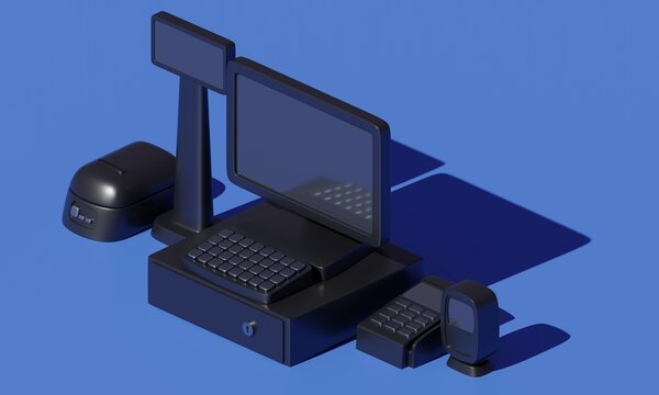 Set of cash register POS equipment. 3d rendering