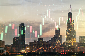 Obraz premium Multi exposure of virtual abstract financial graph hologram and world map on Chicago cityscape background, financial and trading concept