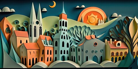 Poland, paper art collage made of layered colored paper, travel panoramic background, AI generative