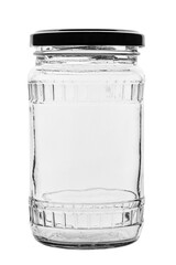 Empty glass jar for conservation, isolated on white background.