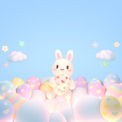 Obraz premium 3d rendered cartoon bunny holding an Easter egg sitting on the clouds.