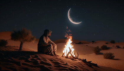Person sitting and burning fire in the desert at night, crescent moon on blue starry sky. Ramadan concept. AI generative