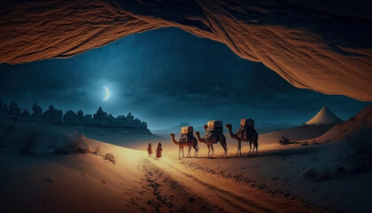 Camels in the desert at night, caravan on the sand dunes, crescent moon on starry sky, Ramadan concept. AI generative - obrazy, fototapety, plakaty