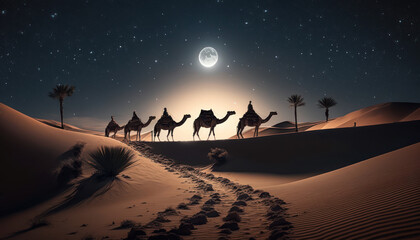 Camels in the desert at night, long caravan on the sand dunes, fullmoon on starry sky. AI generative