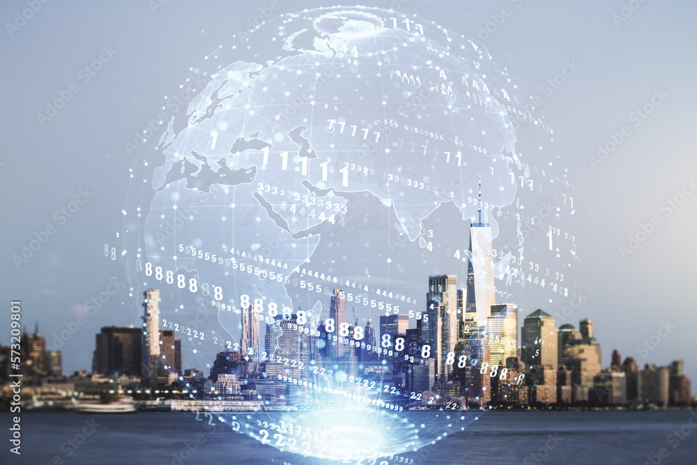 Poster multi exposure of abstract creative coding sketch and world map on new york city skyline background,