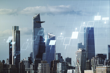 Multi exposure of abstract virtual financial graph hologram on New York skyline background, forex and investment concept